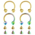 Detailed set of 4 horseshoe nose rings with round balls and cone spikes in gold and rainbow - 1.2x6x3mm / Gold & Rainbow Mix (Style P)