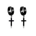 Detail view of black stainless steel hoop earrings with cross pendants for unisex style - Cross Pendant Ear Buckle (Style E)