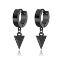 Detail view of matte black stainless steel huggie earrings with hanging triangle pendant - Triangle Pendant Ear Buckle (Style F)