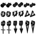 Set of 9 pairs black stainless steel earrings including studs hoops and cross pendants - 9 Pairs Black Earrings Set