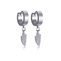 Detail view of silver hoop earrings featuring textured leaf feather pendants on a white background - Silver Feather Dangle (Style 15)