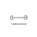 Detailed view of a 1.6x6x5mm stainless steel barbell piercing for tongue or nipple - Barbell Style (A) / 10 Pieces Pack / Silver