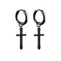 Close-up of polished black stainless steel huggie earrings with a cross pendant charm - Cross Hoop Drop Style / Black