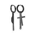 Detail view of black punk earrings with asymmetric feather and cross pendants on hoops - Asymmetric Feather Cross Hoops