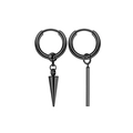 Close-up of black punk earrings featuring asymmetrical cone spike and rectangle bar charms - Asymmetric Cone Bar Hoops