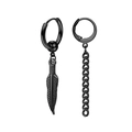 Detailed view of asymmetrical black earrings featuring feather pendant and long chain tassels - Asymmetric Feather Tassel Hoops