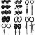 Set of 12 pairs of black stainless steel earrings featuring cross, feather and stud designs - Black Multi-Style Earring Set
