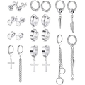 Silberne Edelstahl-Ohrring-Set mit Kreuz-, Feder- und Kegel-Anhängern in Matrix-Anordnung - Verschiedene Stile Ohrring Kombinationsset