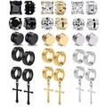 Lot de 15 paires de boucles d'oreilles magnétiques en acier avec croix et zircone - Lot Complet de 15 Paires