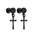 Macro shot of black stainless steel cross pendant earrings with matte barbell studs - Style P