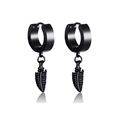 Detail of matte black stainless steel huggie earrings featuring leaf feather pendants - Black Feather Dangle (Style 14)