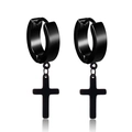 Close-up of black hoop earrings with hanging cross pendants on a white reflective background - Black