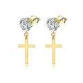 Detail of gold cross drop earrings with round-cut cubic zirconia and polished metal finish - Single Cross Style (Type A) / Gold