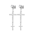 Detail view of silver double cross earrings with sparkling round cubic zirconia stud - Double Layered Cross Style (Type B) / Silver