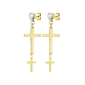 Detailed close-up of golden cross earrings with sparkling zircon stones and double pendants - Double Layered Cross Style (Type B) / Gold