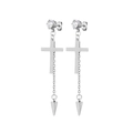 Detail of silver cross stud earring with zircon, long chain and conical spike pendant - Cross Long Chain Spike Style (Type C) / Silver