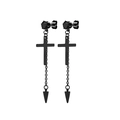 Detail of gothic black cross earrings with long chain, faceted stone, and metal spike tip - Cross Long Chain Spike Style (Type C) / Black