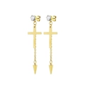 Detail showing the polished golden cross earring with sparkling zircon and long chain spike - Cross Long Chain Spike Style (Type C) / Gold