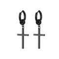 Detail of matte black stainless steel huggie hoop earrings with a dangling cross charm - Style T