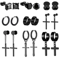 9-pair set of black stainless steel cross earrings with round and square cubic zirconia studs - Complete Multi-Style Collection / Black