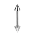 Polierter silberner Edelstahlschmuck mit doppelten Spitzen auf weißem Hintergrund - Zungenring (Spike) / 1.2x6x3