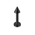 Nahaufnahme von schwarzem Chirurgenstahl-Piercing mit Kegelspitze und flachem Boden - Spike-Labret-Stecker / 1.2x6x3mm / Schwarz