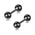 Pair of black stainless steel barbell stud earrings with polished double round balls - Barbell Round Ball Stud / Black