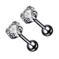 Pair of black stainless steel stud earrings with round clear zircon and screw back closure - Four Claw Zirconia Screw Stud / Black