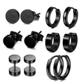 Lot de 6 paires de boucles d'oreilles noires en acier inoxydable, clous et créoles variés - Combinaison de Six Paires de Boucles d'Oreilles Noires
