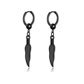 Pair of black stainless steel hoop earrings with delicate engraved feather pendants - Black Feather Pendant Earring