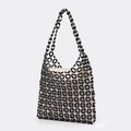 Bolso tote tejido a mano con cuentas blancas y negras y forro interior de lona beige - Estilo Tejido Blanco y Negro (BB250028)