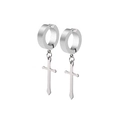 Boucles d'oreilles créoles en acier argenté poli avec pendentif croix, lot de 15 paires - Argent Croix Pendante