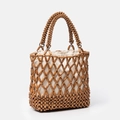 Handcrafted wood bead woven handbag with hollow geometric mesh and natural wooden handles - Natural Wood Style (BB250023-1)
