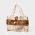 Handgemaakte houten kralentas in crème en bruin met geweven patroon en dubbele handvatten - 32*8*22CM / Twee Kleuren Blok Stijl (BB250024-2)