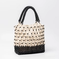 Handmade monochrome beaded tote bag with black and white grid patterns and drawstring liner - Black and White Patchwork Style (BB250023-3)