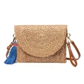 Handmade woven jute shoulder bag with navy blue tassel and brown leather strap - Medium / Gold Foil Stamping (ES250018-1)