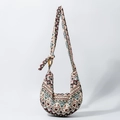 Bohemian crescent hobo bag with geometric woven pattern and wooden ring detail - Red Blue Multicolor Geometric (ES23001-2)
