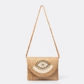 Ethnic jute woven crossbody bag with evil eye beadwork and cotton tassel decor - Beige Patch Style (ES250016-1) / 29*3*22CM