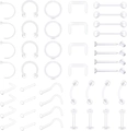 Set da 24 pezzi di piercing trasparenti con borchie per naso, labbra e fermi vari - Mix di Piercing A / 44 Pezzi / Trasparente