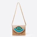 Jute beach bag with blue Evil Eye beadwork, white silk weave and teal tassels - Blue Patch Style (ES250016-2) / 29*3*22CM
