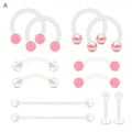 Set di 10 gioielli per piercing in acrilico rosa con ferri di cavallo e labret su bianco - Mix di Piercing A / Confezione da 12 / Trasparente/Palline Rosa