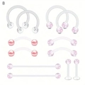Set da 12 pezzi piercing in acrilico rosa con anelli a ferro di cavallo e bilancieri - Assorted Piercing Mix B / Confezione da 12 / Trasparente/Palline Glitterate Rosa