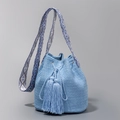 Light blue woven bucket bag with geometric wide strap and large decorative tassels - 22cmx22cmx17cm / Blue
