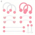 Set da 12 pezzi di piercing in acrilico rosa con anelli a ferro di cavallo - Assorted Piercing Mix C / Confezione da 12 / Trasparente/Palline Rosa
