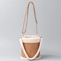 Brown leather and white shearling trim bucket bag with adjustable shoulder strap - Patchwork Bucket Bag (ES23004-1) / Brown