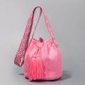 Pink bohemian woven bucket bag featuring large tassels and geometric jacquard strap - 22cmx22cmx17cm / Pink