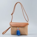 Straw crossbody bag with brown leather flap and blue tassel detail for summer beach vacation - 29*3*20cm / Beige Woven With Brown Leather And Blue Tassel (ES230006-2)