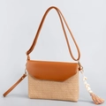 Bolso bandolera bohemio de paja tejida con ribete de cuero y borla de conchas - Patchwork Marrón Oscuro (ES230007-2)
