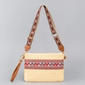 Ethnic style straw woven handbag with geometric pattern and adjustable shoulder strap - Beige