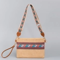 Straw crossbody bag with colorful jacquard embroidery and wide woven strap - Tan